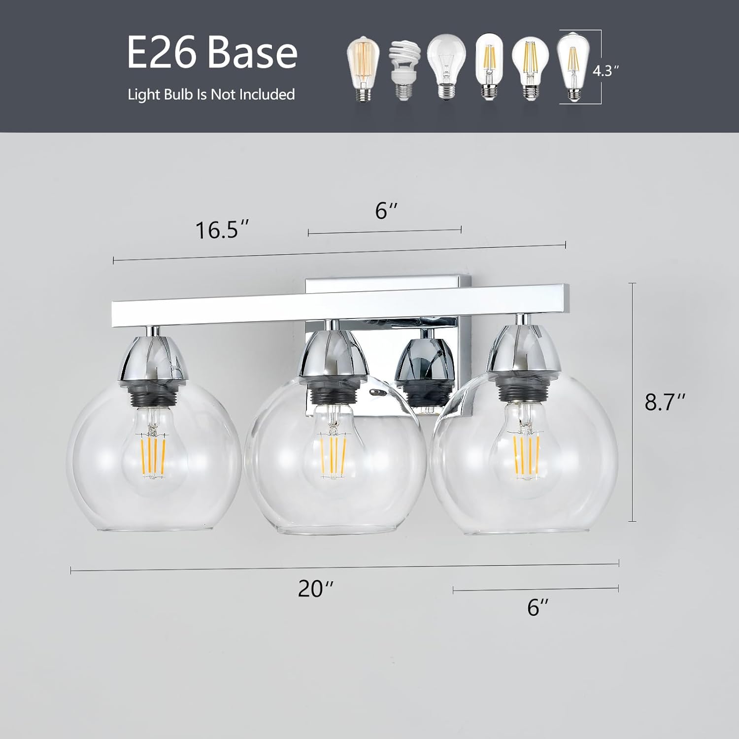 Bathroom Light Fixtures, 3-Light Silver Vanity Light with Hand-Blown Thick Glass Shades, High Transparency & Few Flaws, Wall Sconce for Mirror, Kitchen, Bedroom