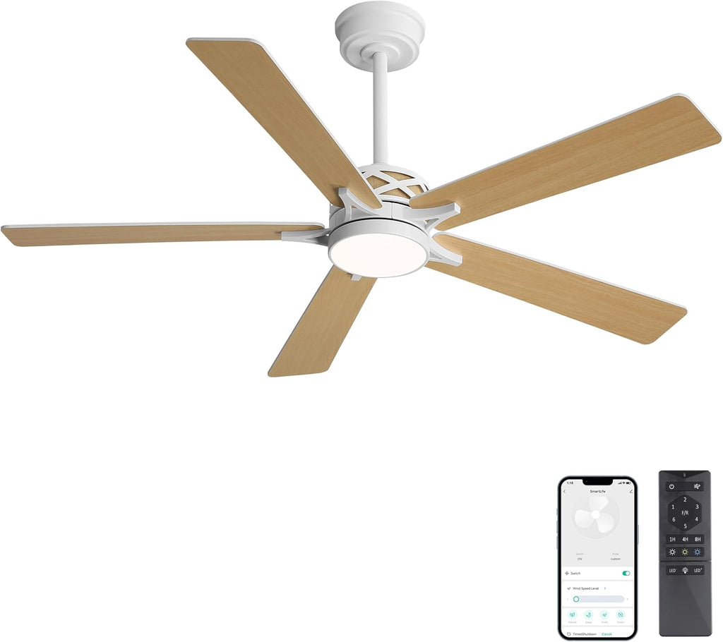 WINGBO 60" Smart Ceiling Fan with Lights, White/Oak Blades, 6 Speeds Reversible DC Motor, Works with Alexa and Google Assistant, 3CCT Dimmable LED Ceiling Fan for Bedroom Living Room, White Finish