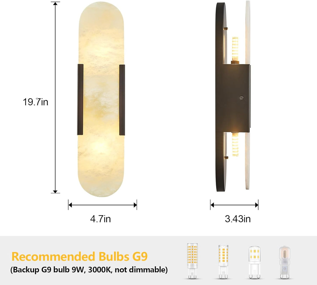 Alabaster Wall Sconces Set of Two, Modern Natural Marble Wall Sconces for Indoor Lighting, 19.7 in Black Wall Lights for Bathroom Dining Room Stairs Bedroom