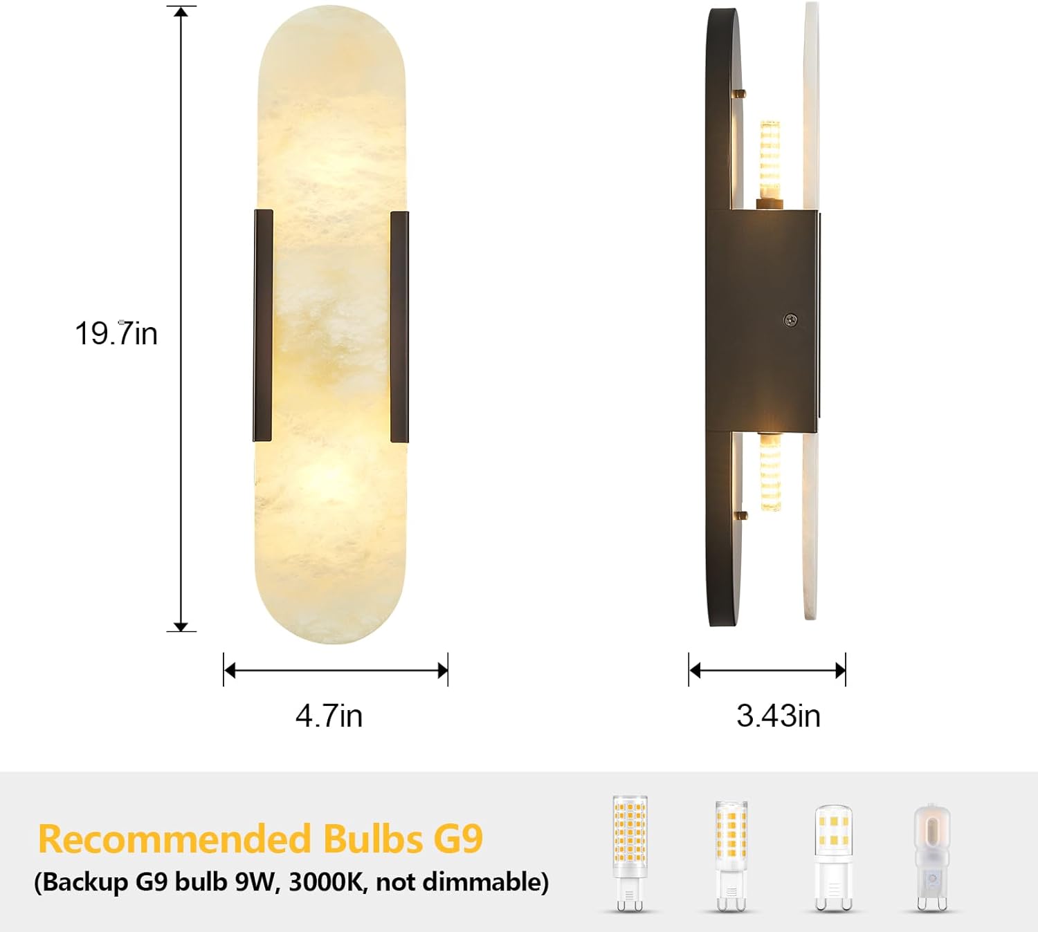Alabaster Wall Sconces Set of Two, Modern Natural Marble Wall Sconces for Indoor Lighting, 19.7 in Black Wall Lights for Bathroom Dining Room Stairs Bedroom