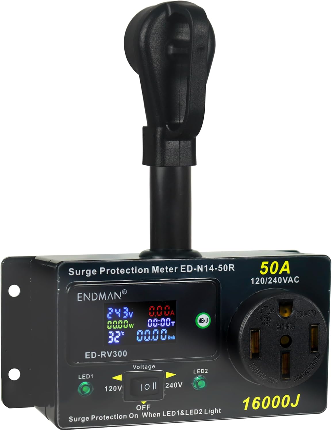 RV 50 Amp Surge Protector AC Power Meter,16000Joules 240V NEMA 14-50P LCD Dispaly KWH,Voltage Monitor with LED Display,10AWG Cable