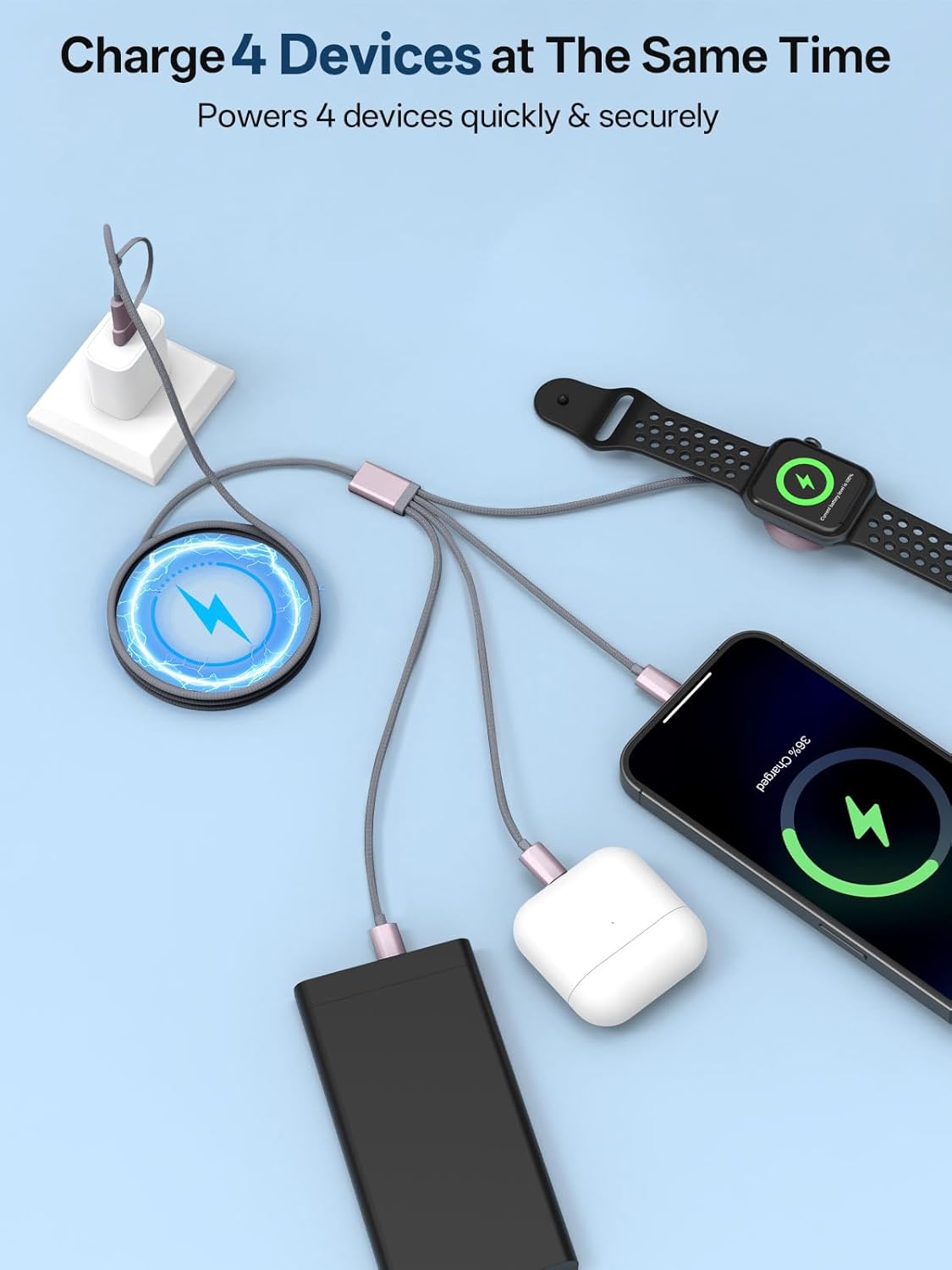 Travel Essentials, 4 in 2 Multi Charging Cable for Apple Watch Charger/iPhone Charger,USB C Cable Cord for iPhone 17-11/iWatch Ultra/10-2/Galaxy S25-S20, Android Phones, Kindle, MP3-Grey,4FT