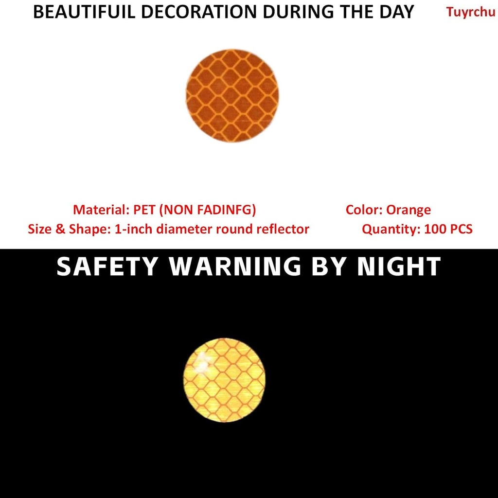 Non Fading Orange Reflective Stickers 1-inch Diameter Round Reflector, Outdoor Waterproof High Visibility Warning Adhesive Tape (100 Pcs)