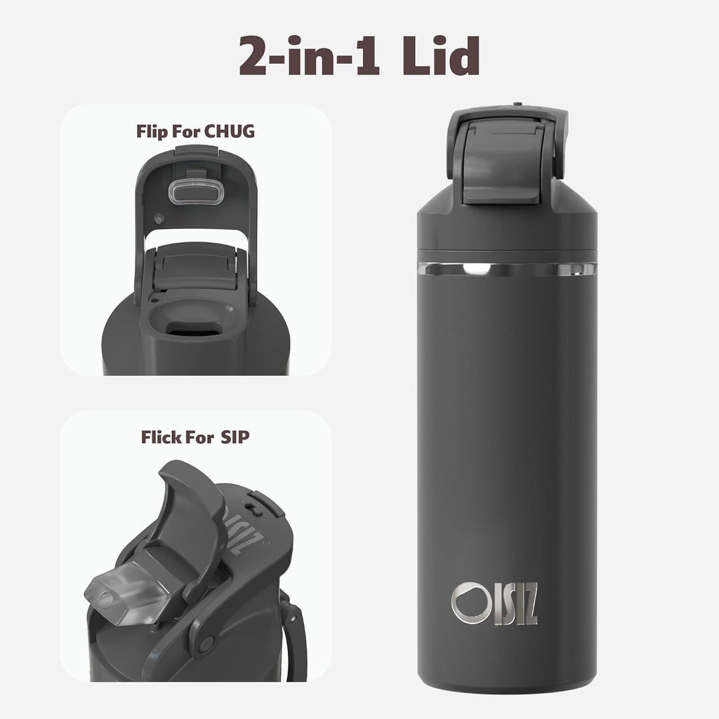 OISIZ Insulated Water Bottle 20 oz with 2 in 1 Spout and Straw Lid,One Click Safety Lock,100% Leakproof,Keep Cold 24H,Vacuum Stainless Steel Water Bottle for School,Travel and Sports,Dishwasher Safe