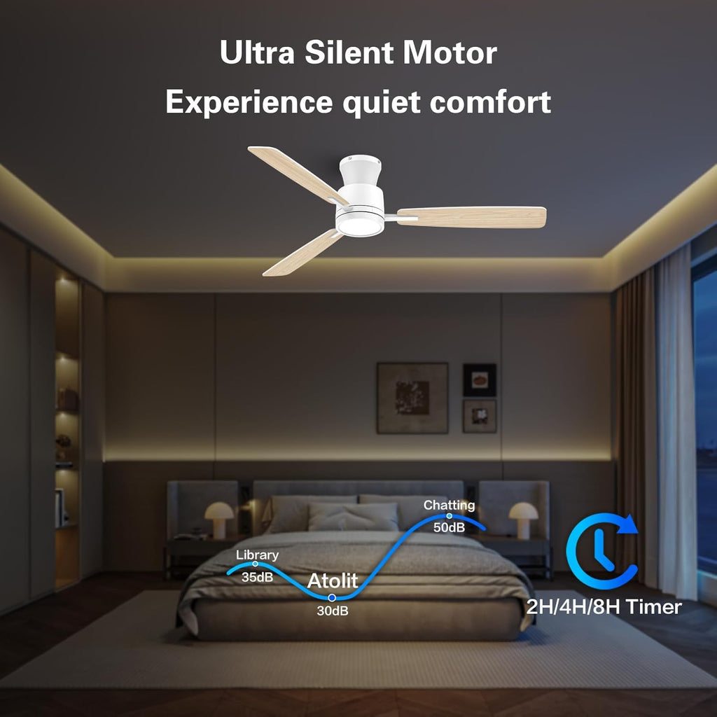 Ceiling Fans with Lights,52 Inch,Quiet Reversible Motor,Easy to Install,6 Speeds,Dimmable,Timer,White Low Profile Ceiling Fan for Bedroom Living Room,Kitchen,Indoor/Outdoor