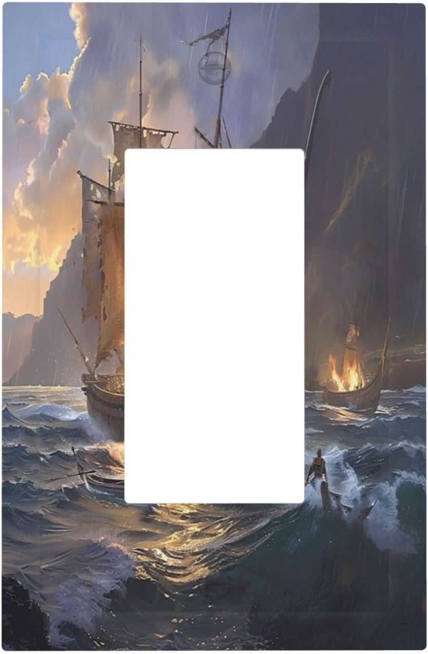 Decorative Outlet Covers Medieval Vintage Sailing Adventure Sailings Ocean Waves 1 Gang Single Rocker Light Switch Cover Plate GFCI Wall Plates Electrical Switch Plate Cover for Bedroom Cabin Decor
