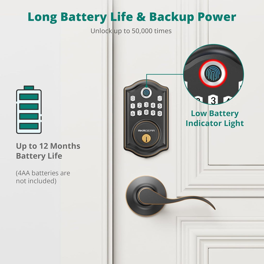 DS10 Keyless Entry Door Lock with Handle - 2 Lever Handles, Fingerprint Door Lock, Keypad Deadbolt, 2 Keys, Code, Smart Locks for Front Door, Auto-Lock, Easy Installation - Oil Rubbed Bronze