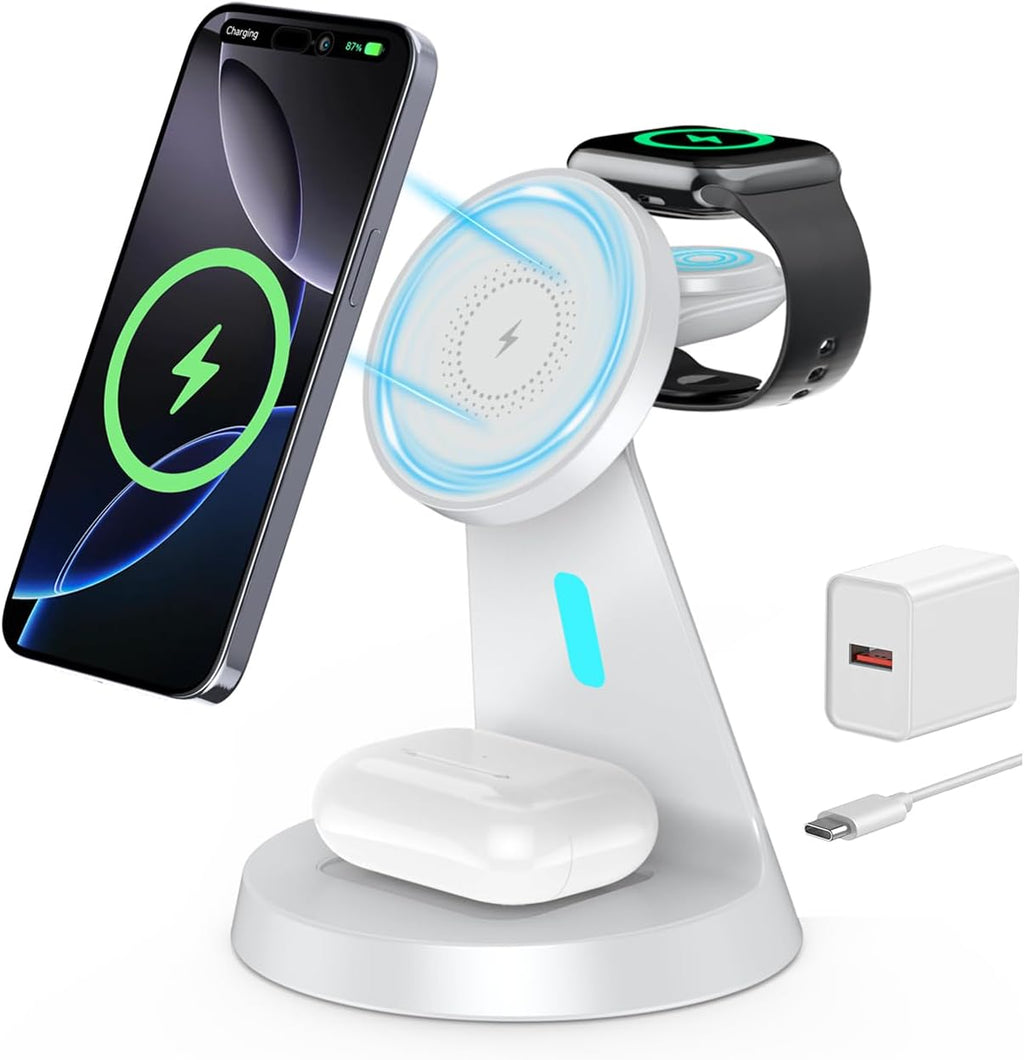 3 in 1 Charging Station Compatible with Magsafe Charger Wireless Charging Station for iPhone 17 16 15 14 13 12 Series Wireless Charger Stand for AirPods Wireless Charging Stand for iWatch Series