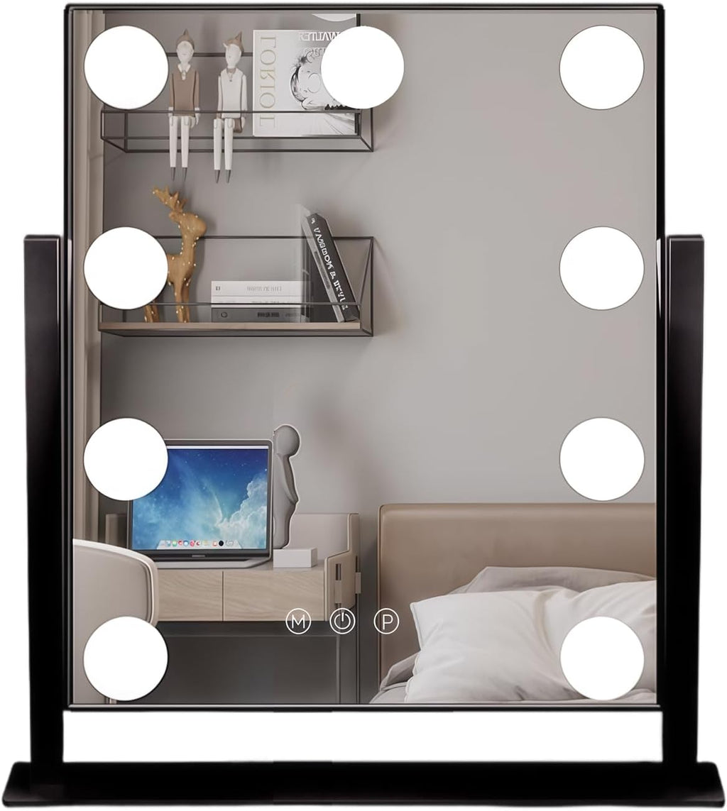 Lighted Vanity Mirror with 9 LED Lights, Detachable 10x Magnifying Mirror, 3-Color dimmable Hollywood Makeup Mirror, Smart Touch Control, Metal Frame, 360-degree Rotation, White/Black (Black)