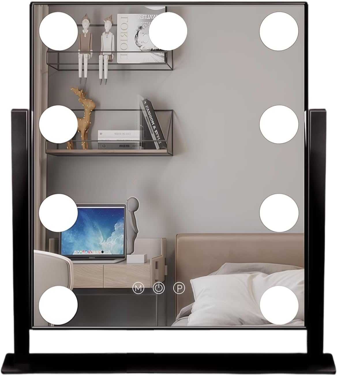Lighted Vanity Mirror with 9 LED Lights, Detachable 10x Magnifying Mirror, 3-Color dimmable Hollywood Makeup Mirror, Smart Touch Control, Metal Frame, 360-degree Rotation, White/Black (Black)