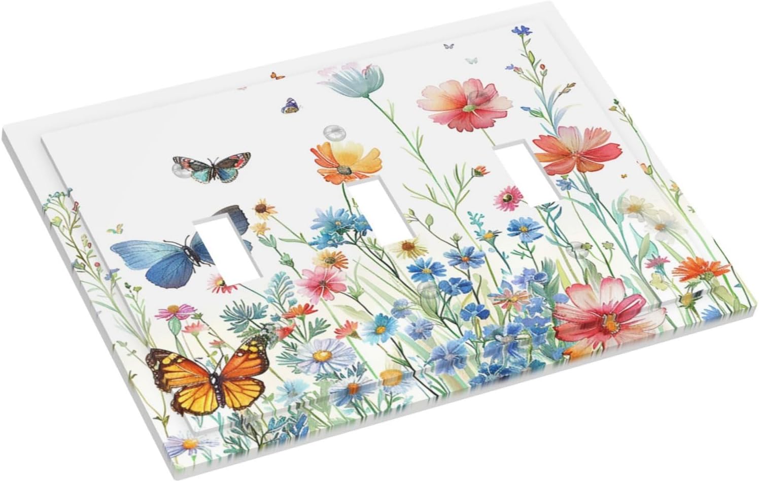 Decorative Light Switch Cover Plate Rustic Wildflower Blue Pink Floral Butterfly 3 Gang Wall Plates for Electrical Outlets Triple Toggle Switch Plate Covers Outlet Covers for Home Decor