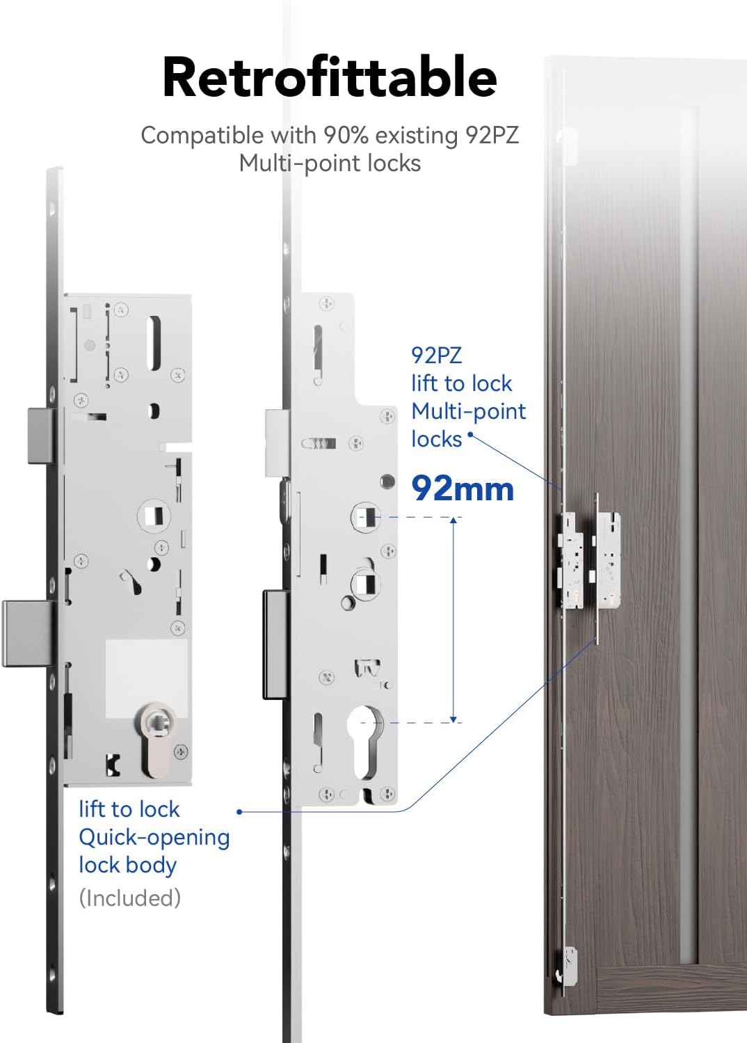 Electronic Smart Door Lock Fingerprint Door Lock with Keypad，Smart Lock for Front Door Children Proof IC Card, App Control & Mechanical Key 40–90mm Multipoint Locks(OS Frosted Silver)
