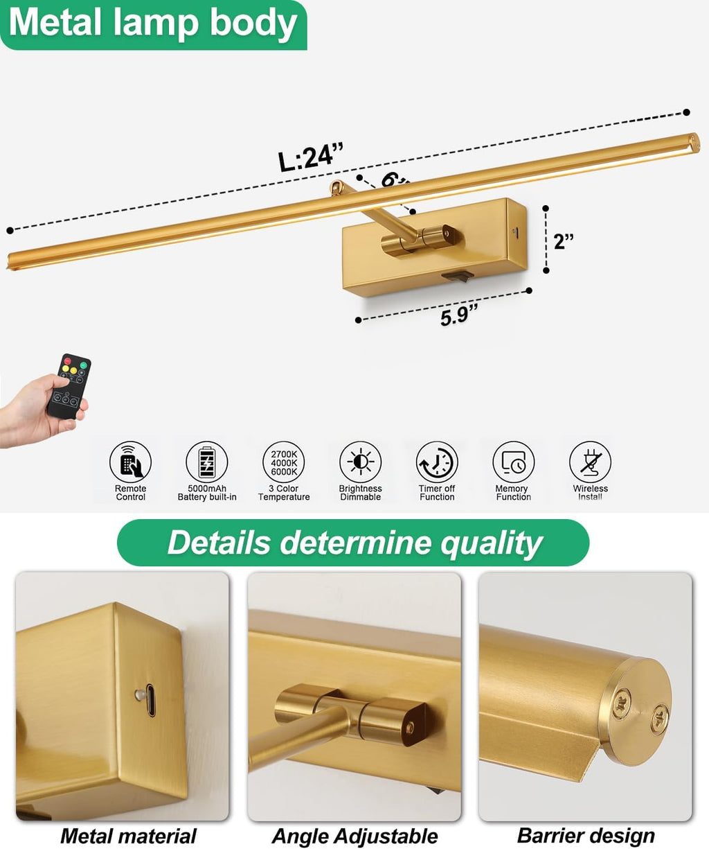 Battery Operated Picture Light with Wireless Remote 3CCT Dimmable Gold Wall Art Lights for Paintings 3 Color Rechargeable cordless decor Gallery Light 24’‘ Artwork Lighting for Canvas Timer Function