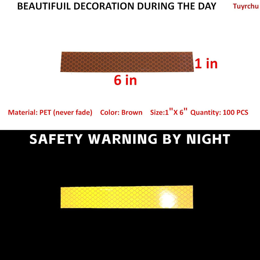 Non Fading Brown Reflective Stickers 1 inch X 6 inch, Outdoor Waterproof High Visibility Warning Safety Adhesive Reflector Tape (100 Pcs)