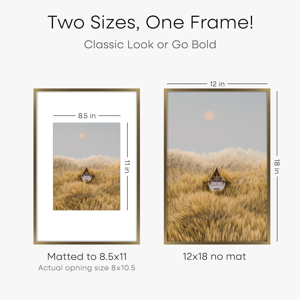 Homeforia 12x18 Bronze Picture Frame, High End Metal 12x18 Brass Poster Frames with Mat 8.5x11 Photo, 12 x 18 Frame Matted to 8.5 by 11 inch Print, 18x12 Thin Frame, Tempered Glass, Wall Kit, Set of 1