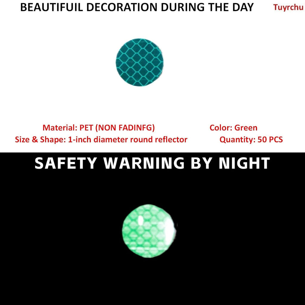 Non Fading Green Reflective Stickers 1-inch Diameter Round Reflector, Outdoor Waterproof High Visibility Warning Adhesive Tape (50 Pcs)