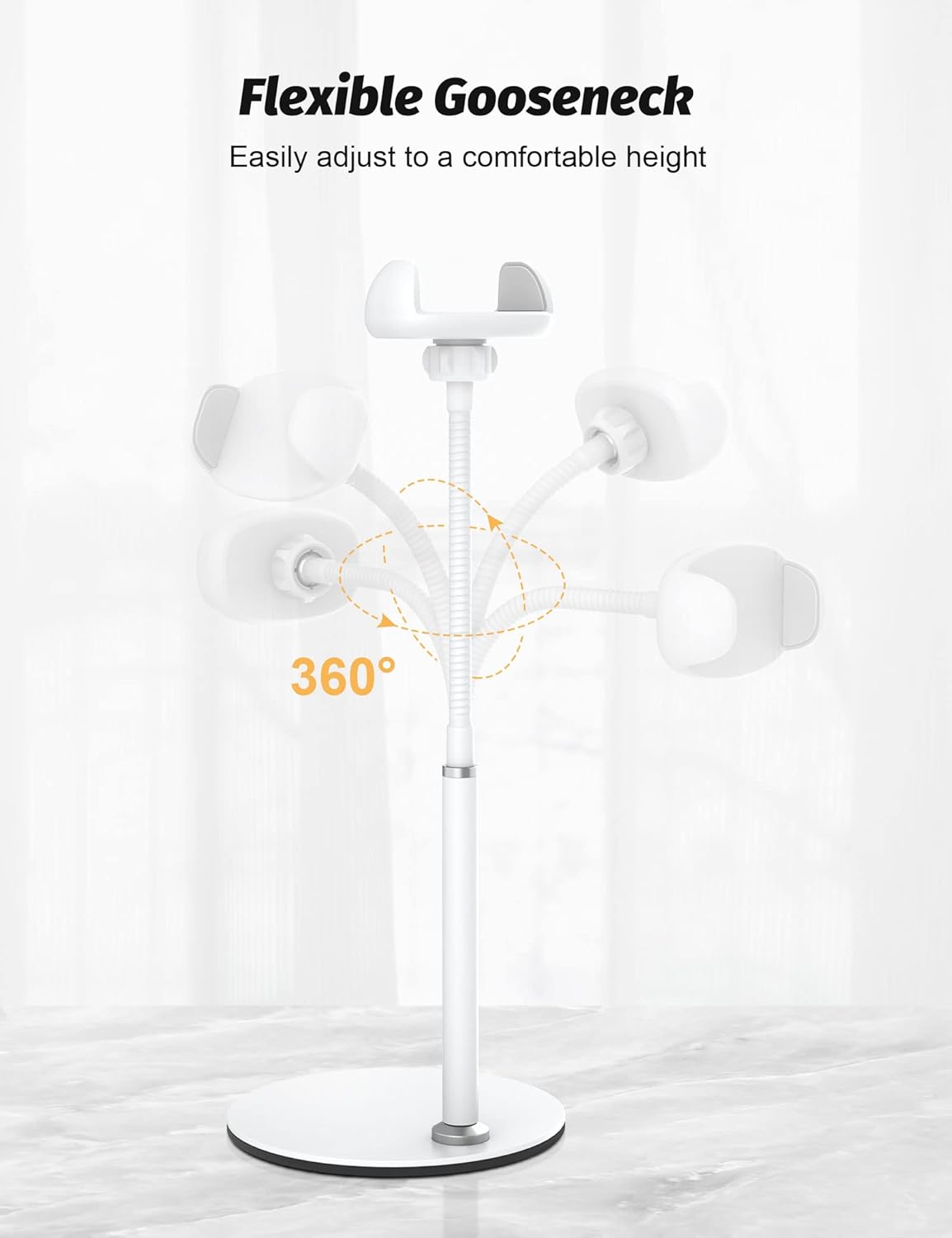 Cell Phone Stand, Adjustable Height & Angle Gooseneck Phone Stand for Desk Flexible Arm Universal Phone Holder, Aluminum Alloy Desktop Phone Stand for Recording Compatible with 3.5"-7" Device (White)