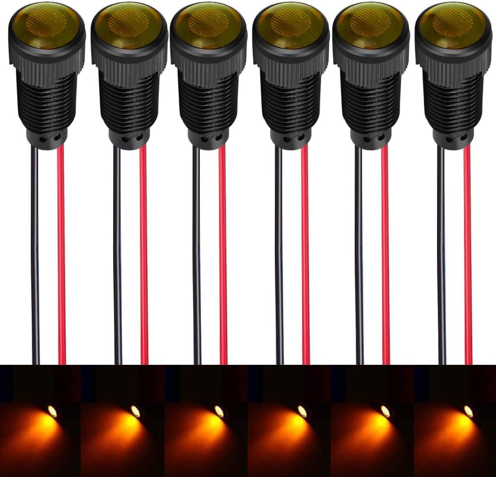 6pcs Yellow Indicator Pilot Light AC/DC 12-24V Mounting Hole Size 10mm(Flame Retardant Plastic Shell)
