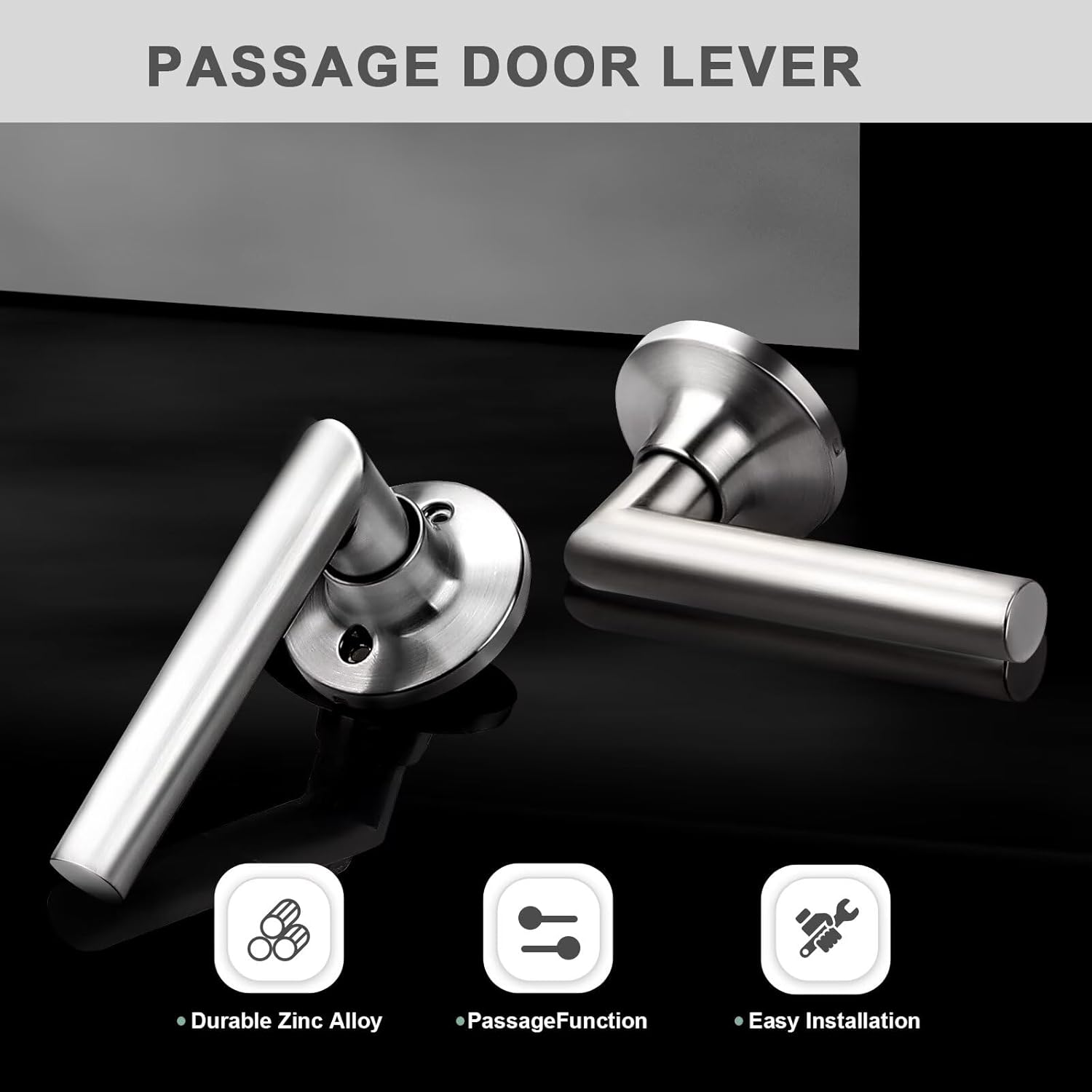GOBEKOR 6 Pack Brushed Nickel Door Handles Interior,Heavy Duty Passage Door Handles Interior Door Levers for Hallway and Closet, Modern Sleek Round Door Locks Satain Nickel
