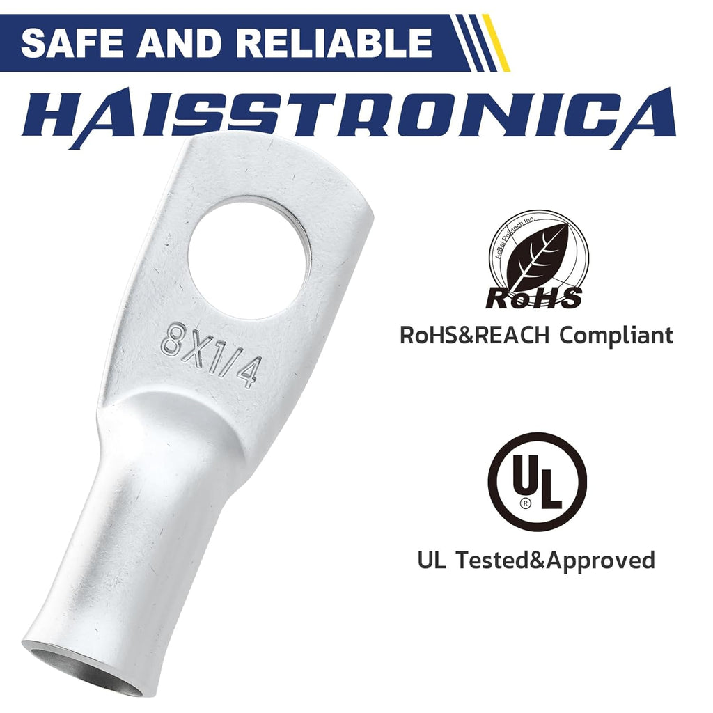 haisstronica 10pcs 8 AWG - 1/4" (M6) Tinned Copper Battery Lugs, Heavy Duty Copper Wire Lugs with 10pcs 3:1 Adhesive Heat Shrink Tubing,8 Gauge Wire Lugs,Tinned Copper Battery Cable Ends