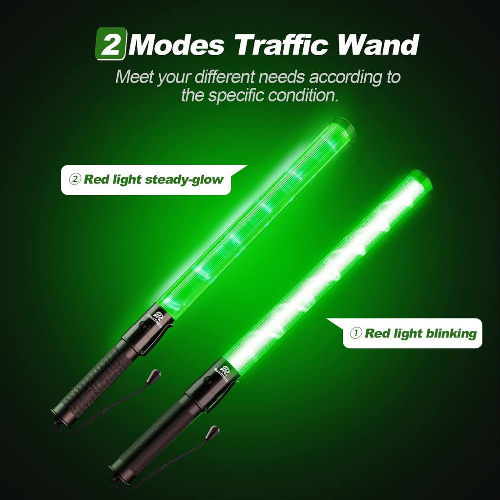 RoadHero 2 Pack 21 Inch Traffic Wands, Green Led Traffic Control Baton, Night Safety Light Wand with 2 Flashing Modes, Air Marshaling Signal Wand with Side Clip for Airport, Parking, Car Directing