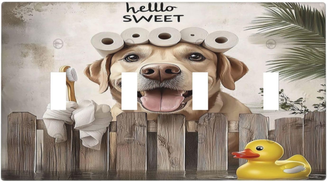Funny Dog Rustic Farmhouse Wooden Fence Labrador Light Switch Covers Quad Toggle Electrical Faceplate 4 Gang Wall Plate Decorative Switch Plates For Kids Room Bathroom Decor