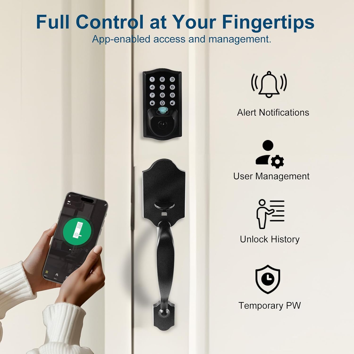 Fingerprint Smart Door Lock, Keyless Door Lock with Handle, Built-in WiFi Keypad Deadbolt Set for Front Door, Waterproof Smart Electronic Deadbolt, App Remote Control, Easy to Install Matte Black