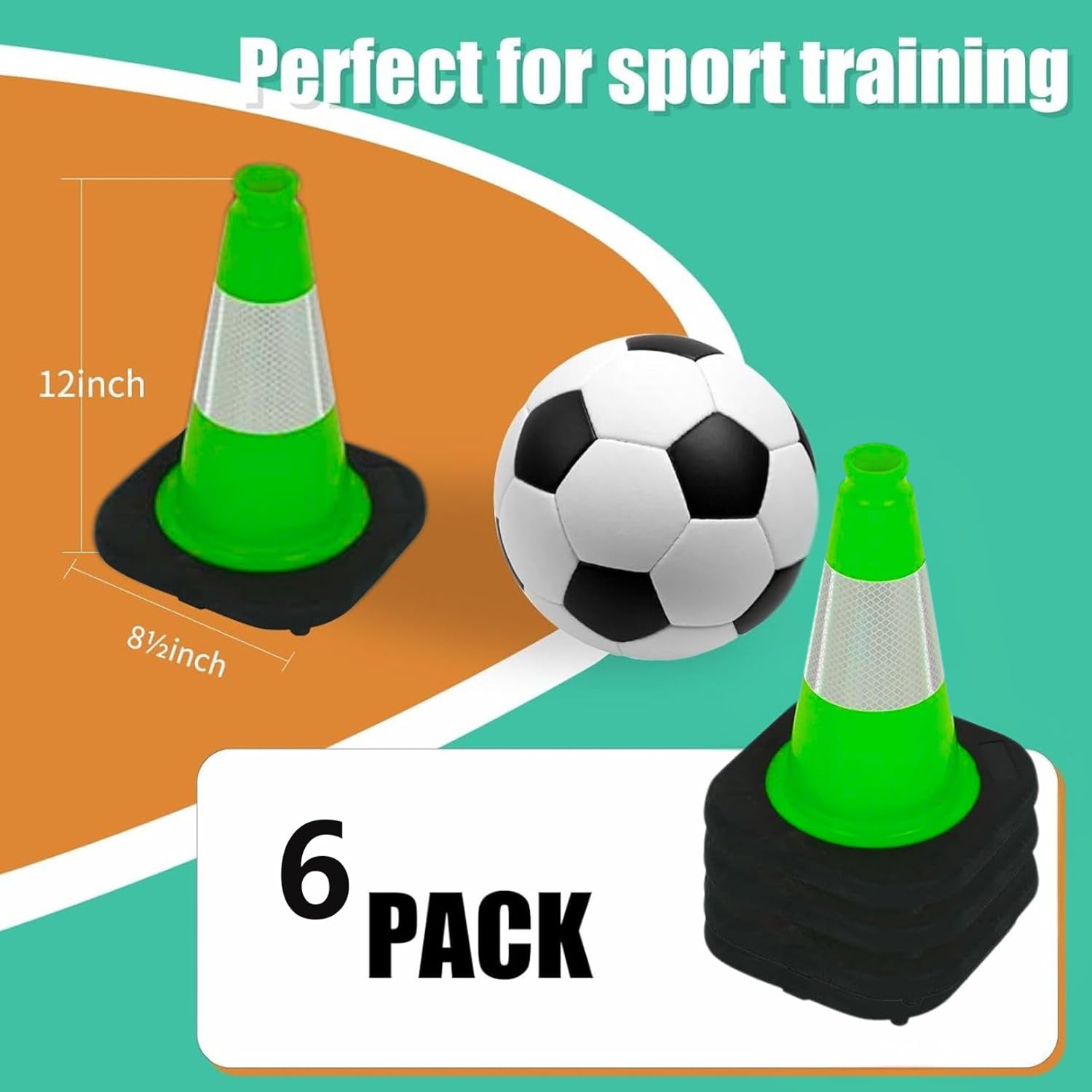 BESEA 6Pack 12" inch Traffic Cones Green Safety Cones PVC Construction Cones with 6 inch Reflective Collar for Home Driveway Road Parking Use(6Cones)