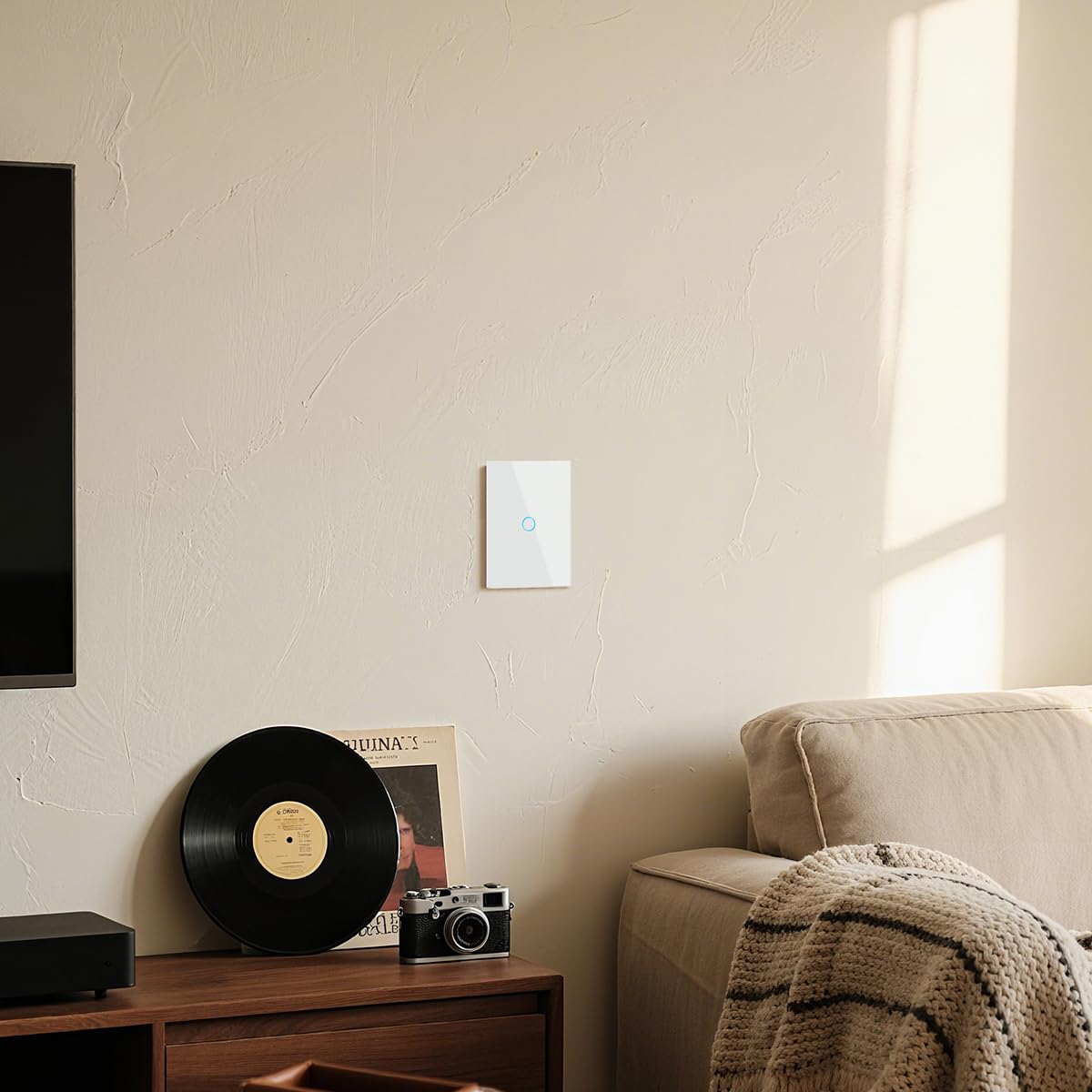 LIVOLO Modern Electrical Wall Light Switch 1Gang Tempered Glass Panel 2 Pole Wall Touch Light Switch with Led Indicator,No Neutral Wire 3Way (1Gang White)