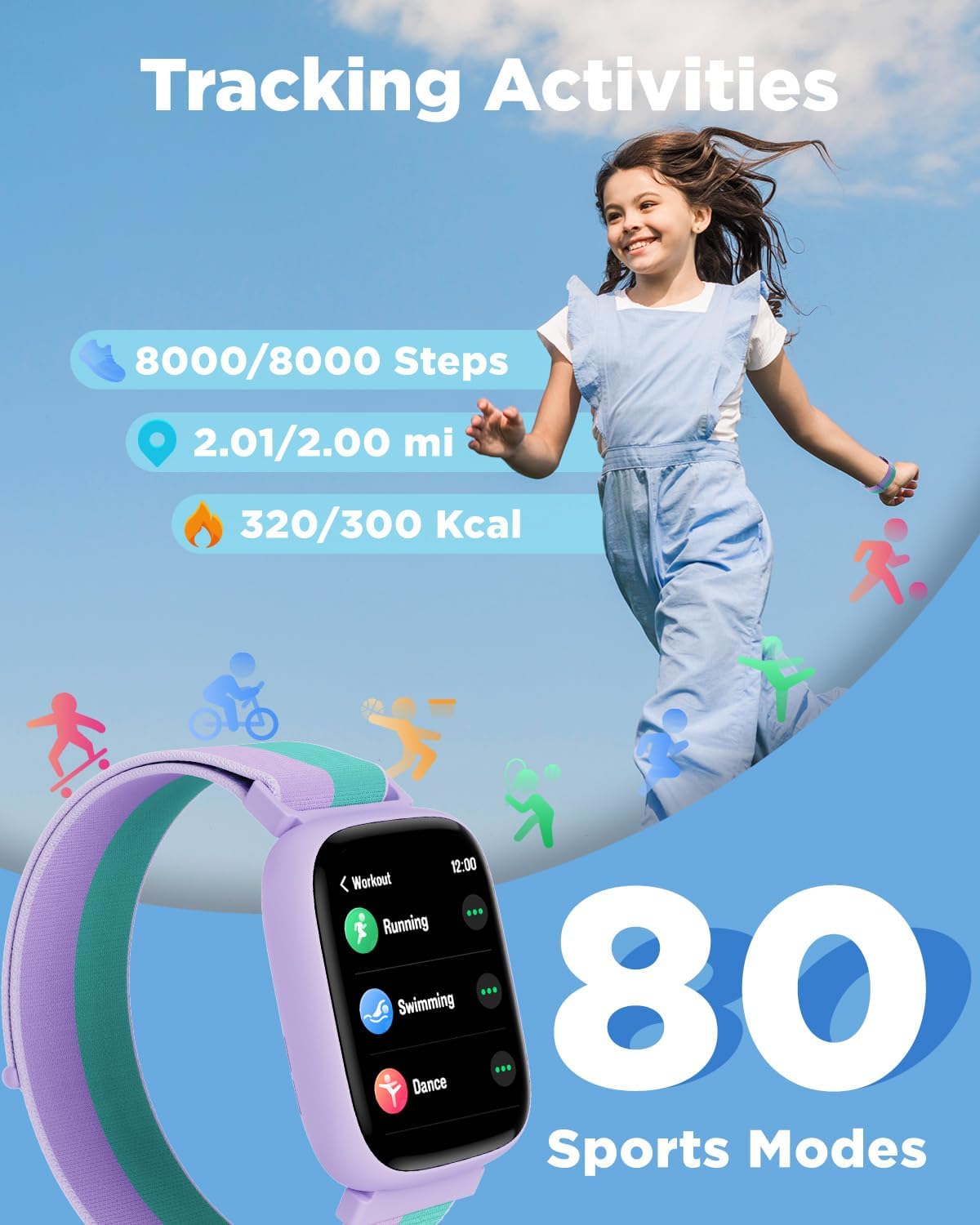BIGGERFIVE Smart Watch for Kids, 1.8" Fitness Tracker Watch Pedometer, Heart Rate, IP68 Waterproof, Sleep Monitor, Calorie Step Counter, 5 Puzzle Games with/Without APP for Girls Teens 5-16, Nylon