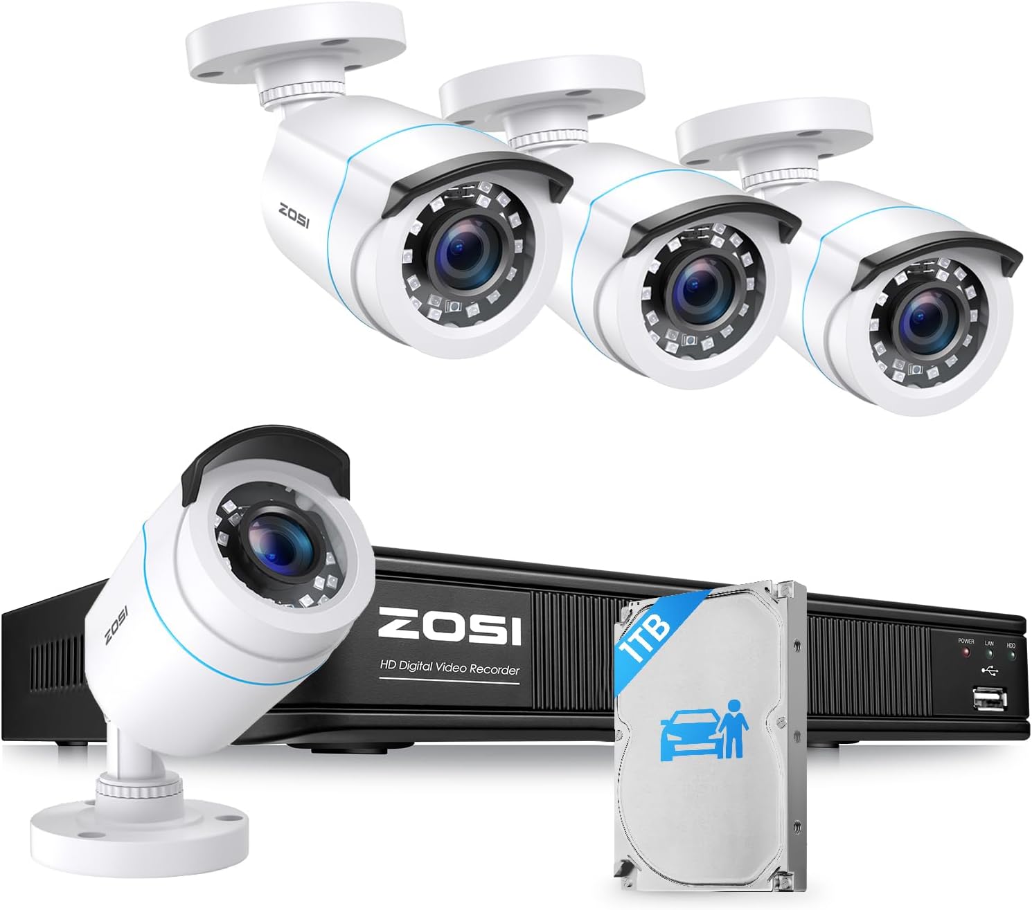 ZOSI H.265+ Full 1080p Home Security Camera System Outdoor Indoor, 5MP-Lite CCTV DVR 8 Channel with AI Human Vehicle Detection, 4 x 1080p Weatherproof Surveillance Camera, 80ft Night Vision, 1TB HDD