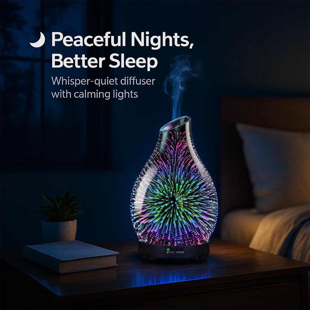 Essential Oil Diffuser & Essential Oils Set, Glass Aromatherapy Diffuser with 7 Color LED Lights and Auto-Shut Off, Cool Mist Diffuser for Home with 6 Essential Oils