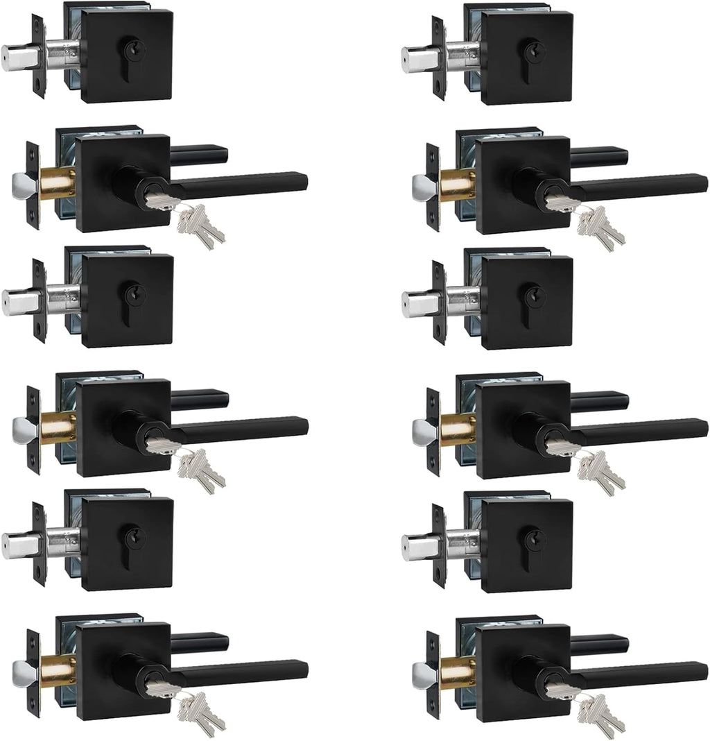 Keyed Entry Door Handle with Single Cylinder Deadbolt, Keyed Alike(Same Keys Only Per Set) Front Door/Exterior Door Lever Lockset, Matte Black, 6 Sets of Locks with 6 Sets of Different Keys