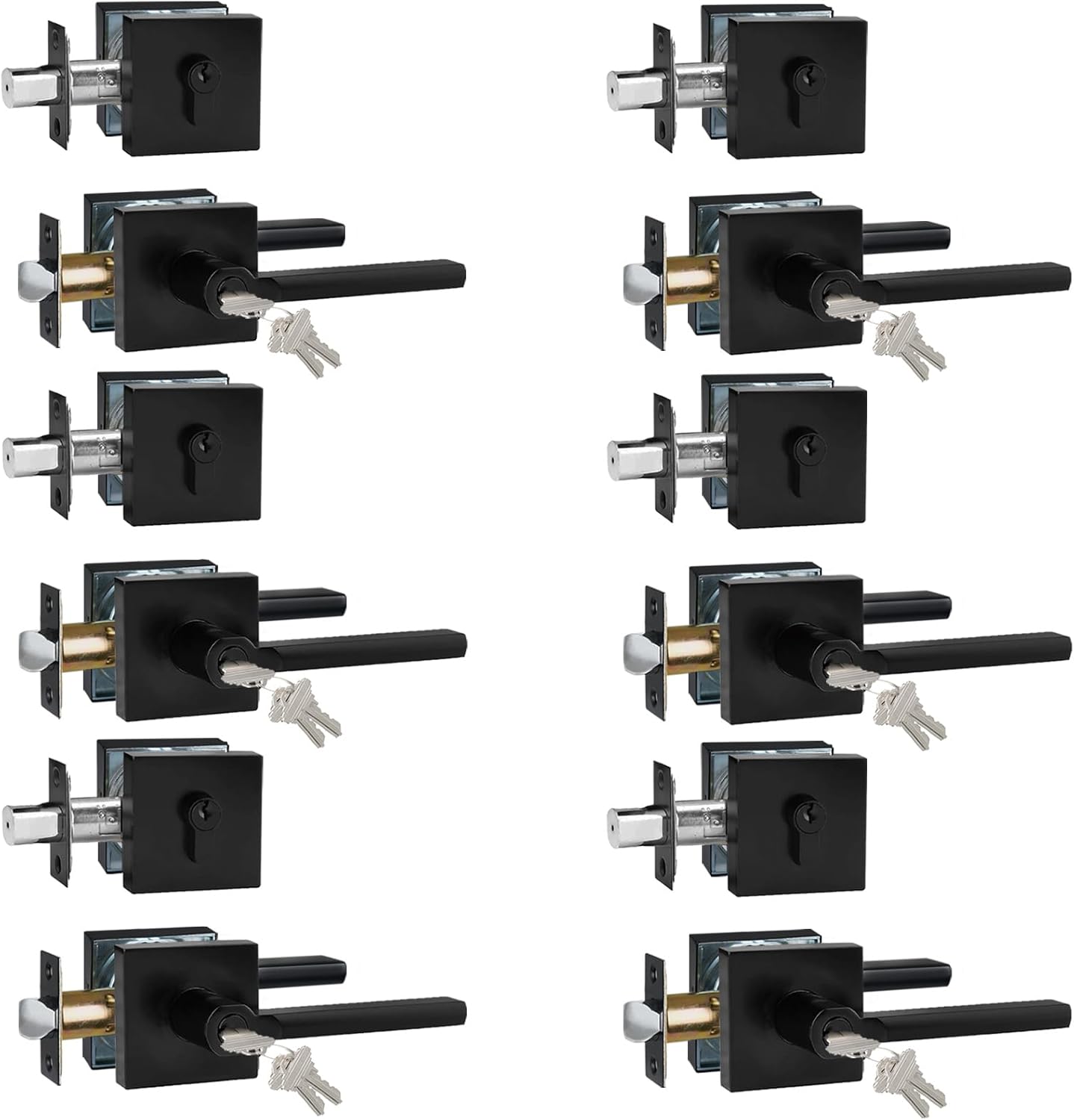 Keyed Entry Door Handle with Single Cylinder Deadbolt, Keyed Alike(Same Keys Only Per Set) Front Door/Exterior Door Lever Lockset, Matte Black, 6 Sets of Locks with 6 Sets of Different Keys