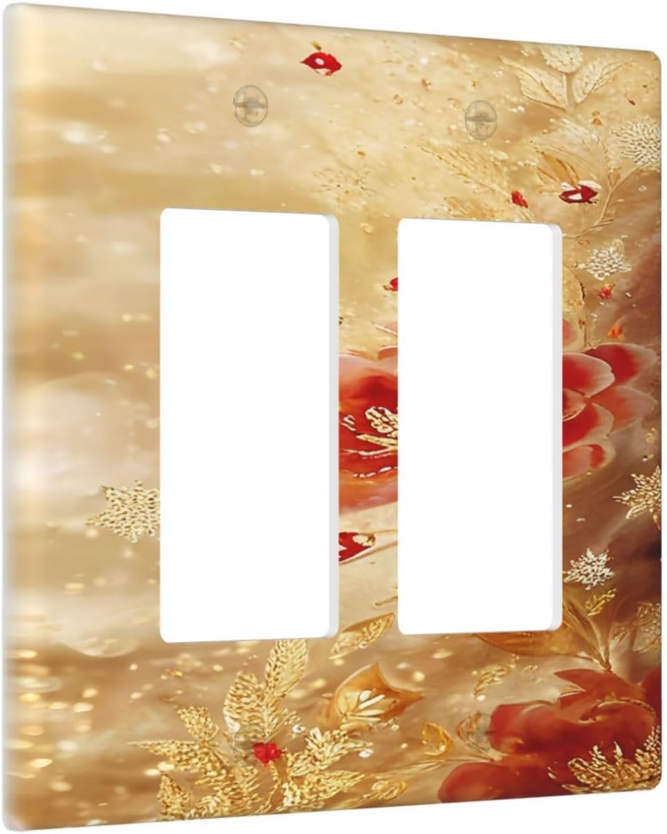 Decorative Outlet Covers Golden Leaf Red Peony Flowers Floral 2 Gang Wall Plate Double Rocker Two Switch Wall Cover Plate Jumbo Dual GFCI Faceplate for Bedroom Decor