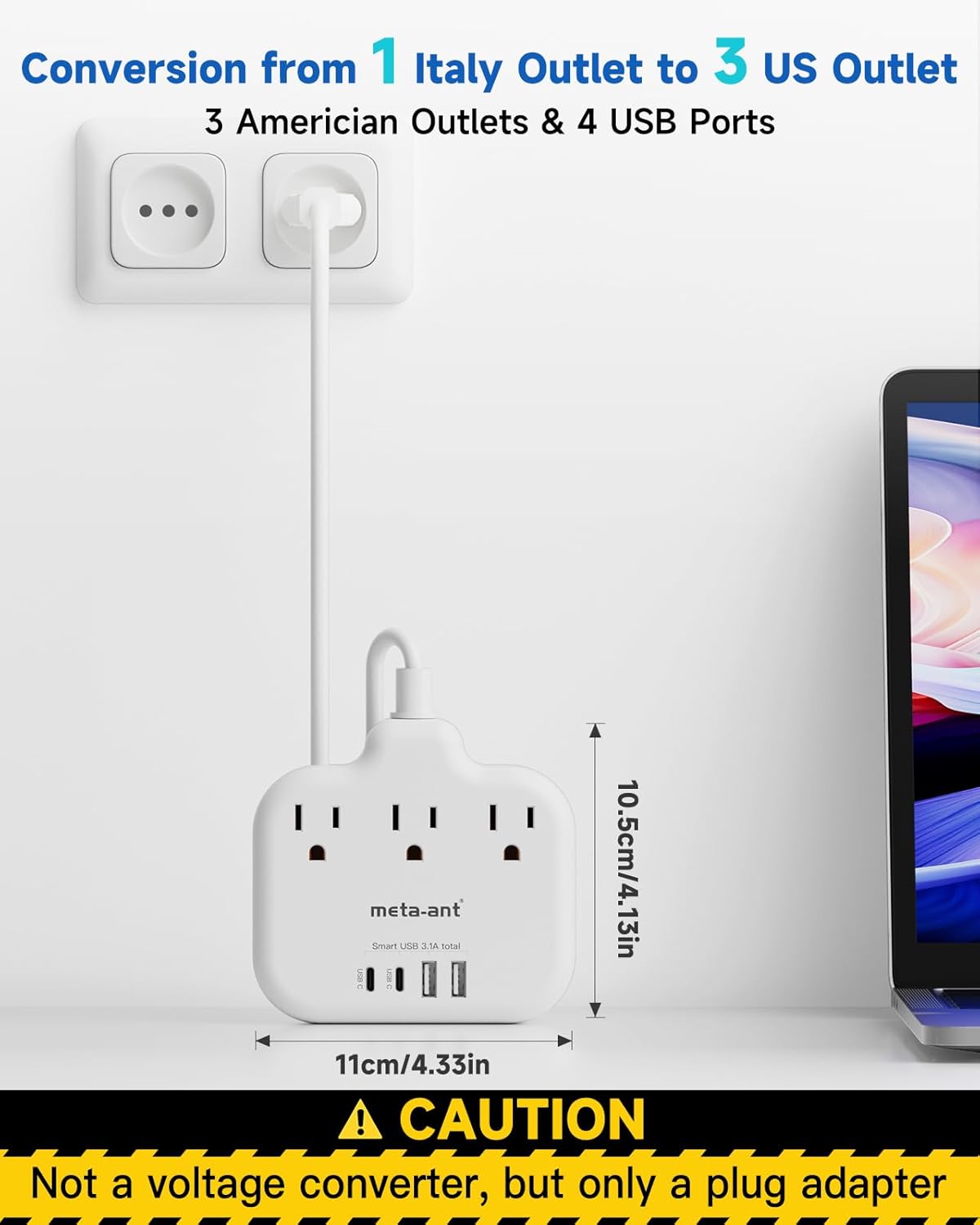 Italy Travel Plug Adapter with 5FT Extension Cord, meta-ant Italy Power Adapter with 3 American Outlets 4 USB Ports(2 USB-C), Type L Adapter for US to Italy Chile Ethiopia Libya Syria Tunisia Uruguay