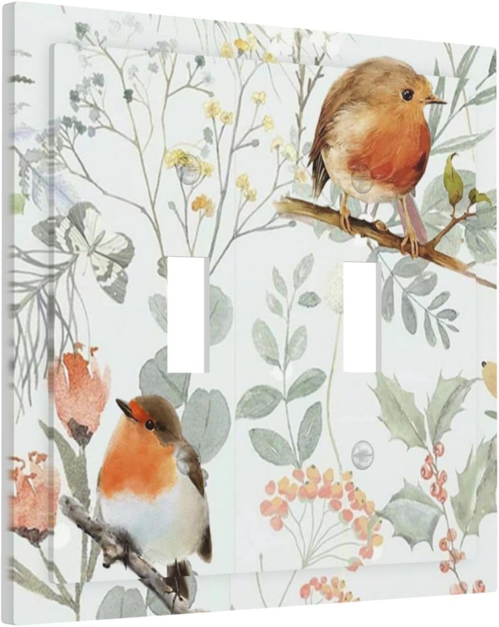 Decorative Switch Plates Red Floral Berries Colorful Bird Plant 2 Gang Double Toggle Outlet Light Switch Cover Wall Plate Electrical Faceplate For Bed Room Living Room Decor