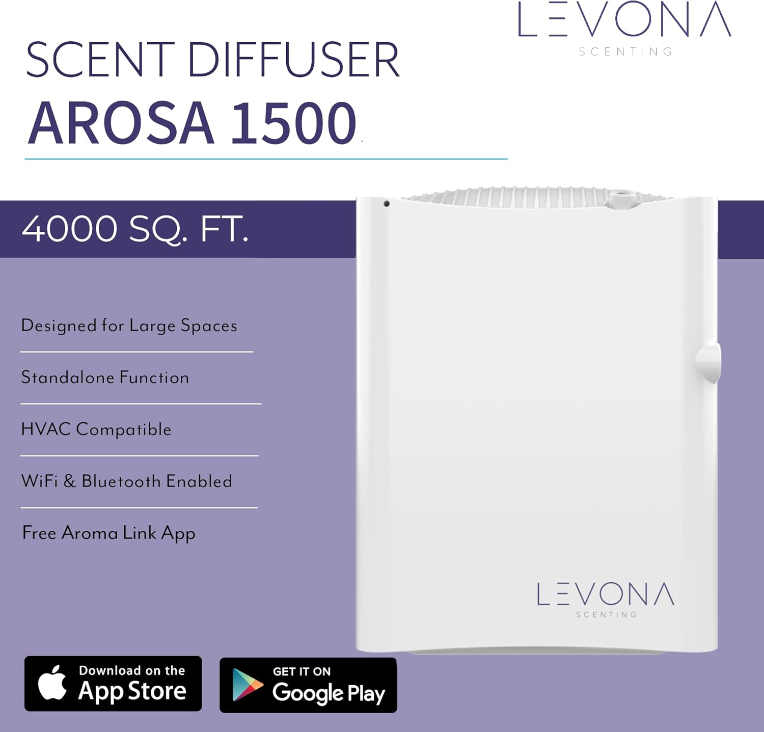 Levona Scent Arosa 1500 HVAC Diffuser – Whole House Aroma Diffuser & Fragrance Air Freshener Machine for Home, Office & Hotel – Smart App Controlled – Covers up to 4000 SQFT (Scent Not Included)