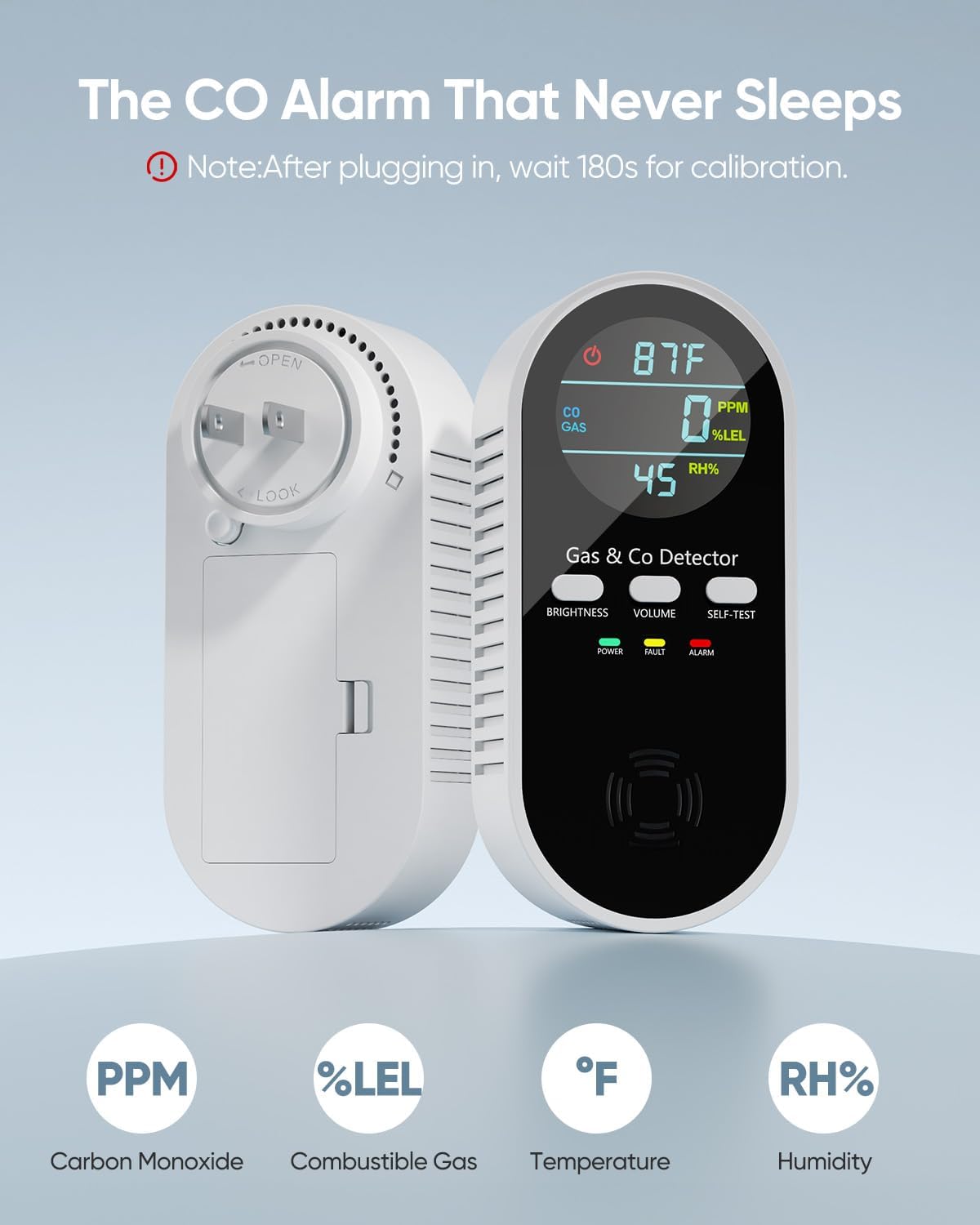 5-in-1 Carbon Monoxide Detectors, Natural Gas Leak Detector, Plug-in & Battery Backup Portable CO Detector, CO Gas Temp Humidity Sensor, HD Digital Display Screen, 1-Pcs, Black