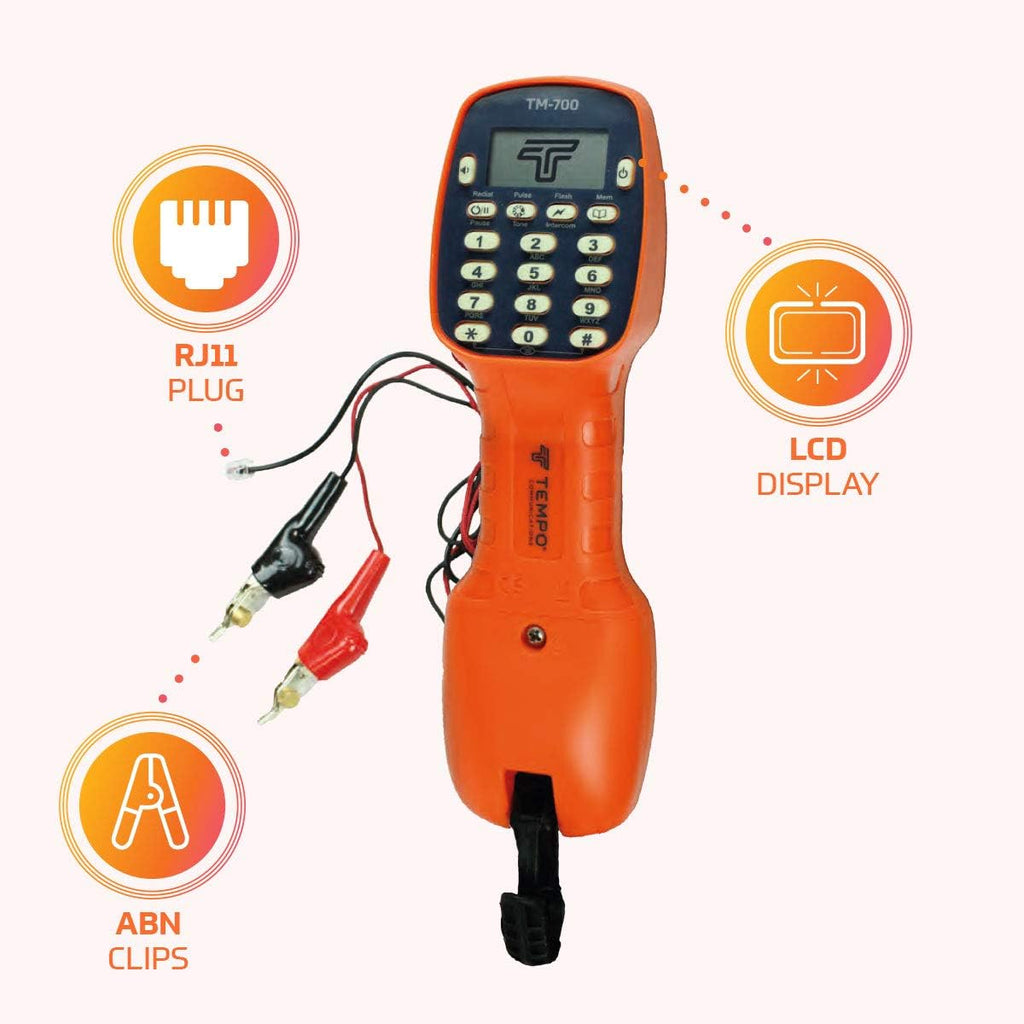 TEMPO Communications TM-700 Telephone Test Set, Lineman's Butt Set Phone Tester w/LCD Display, ABN Bed of Nails & Spike Croc Clips & RJ11, DSL Line Filter (Professional Grade) (TM-700)