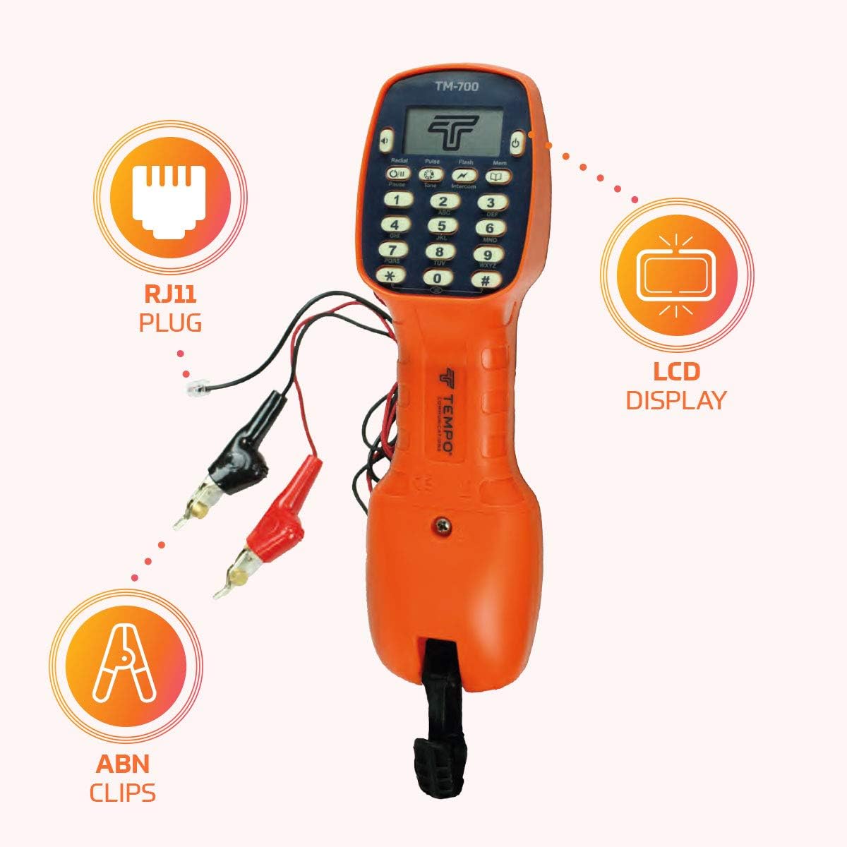 TEMPO Communications TM-700 Telephone Test Set, Lineman's Butt Set Phone Tester w/LCD Display, ABN Bed of Nails & Spike Croc Clips & RJ11, DSL Line Filter (Professional Grade) (TM-700)
