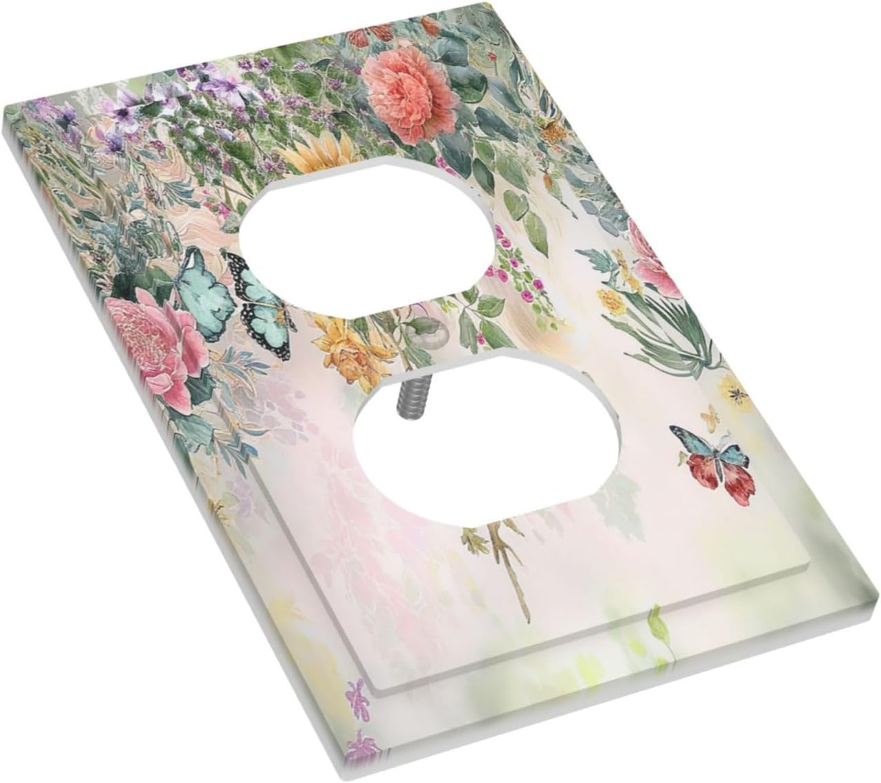 Rustic Floral Watercolor Flower Blossom Butterfly 1 Gang Duplex Receptacle Switch Wall Plate Decorative Switchplate Outlet Covers Electrical Plug Cover Faceplate for Bathroom Home Decor 5 X 3 IN