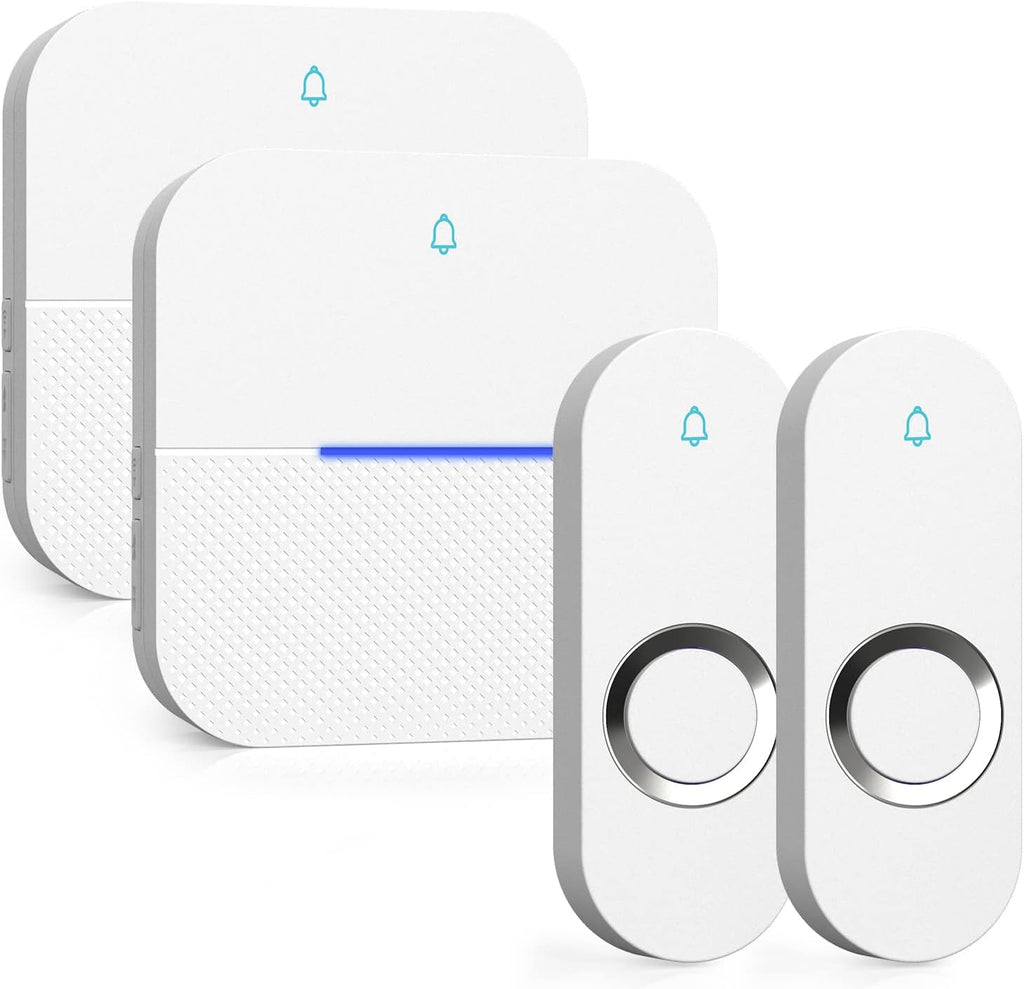 AIDA Lighted Wireless Doorbell, Home Waterproof Doorbell 1,000ft Range, 5 Volume Levels with 58 Doorbell Chimes & LED Flash (White, Doorbell with 2 Buttons & 2 Receivers)