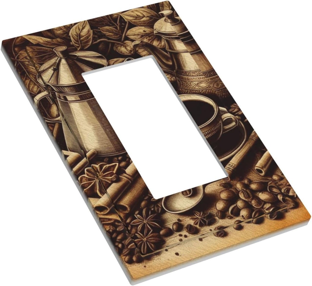 Decorative Outlet Covers Vintage Coffee Beans Leaf Cup 1 Gang Single Decora GFCI Device Light Switch Covers Plate 1 Rocker Wall Plate Jumbo Faceplate for Kitchen Decor