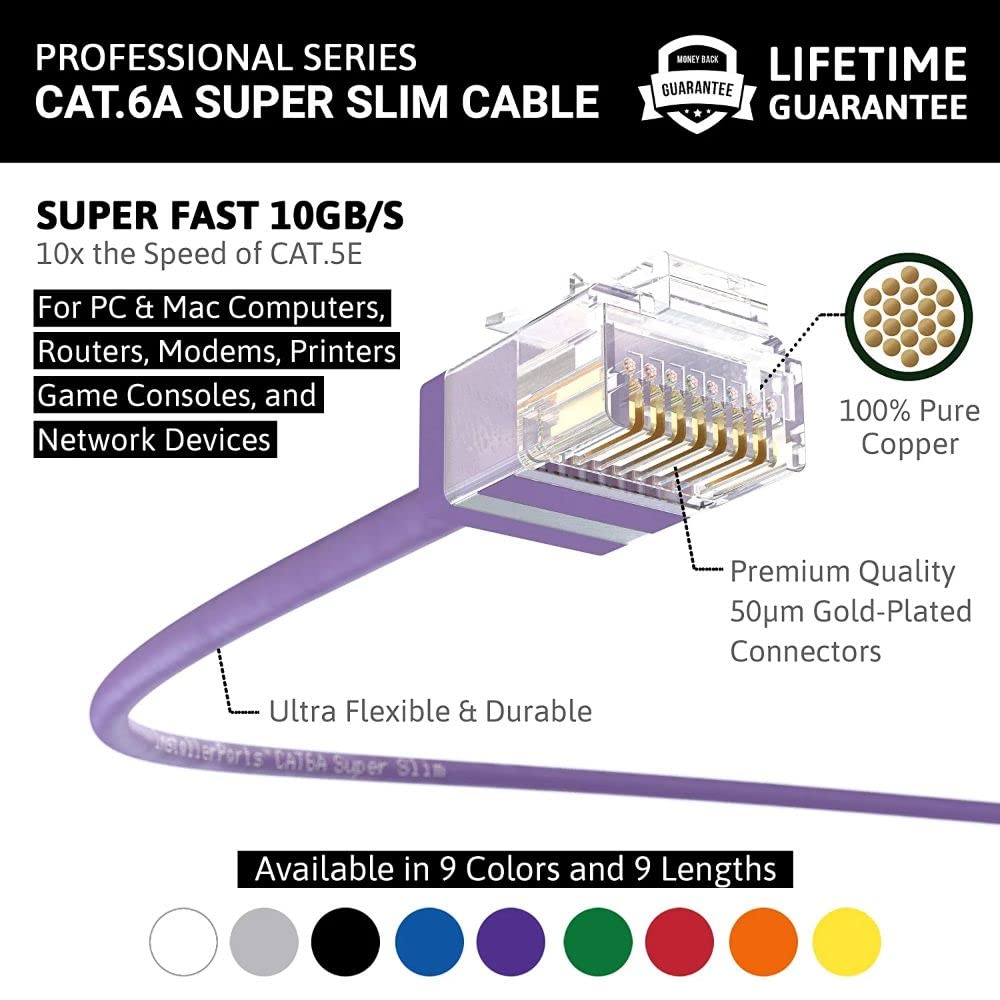 InstallerParts Ethernet Cable CAT6A Super Slim Cable UTP 7 FT (10 Pack) - Purple - Professional Series - 10Gigabit/Sec Network/High Speed Internet Cable, 550MHZ, 32AWG