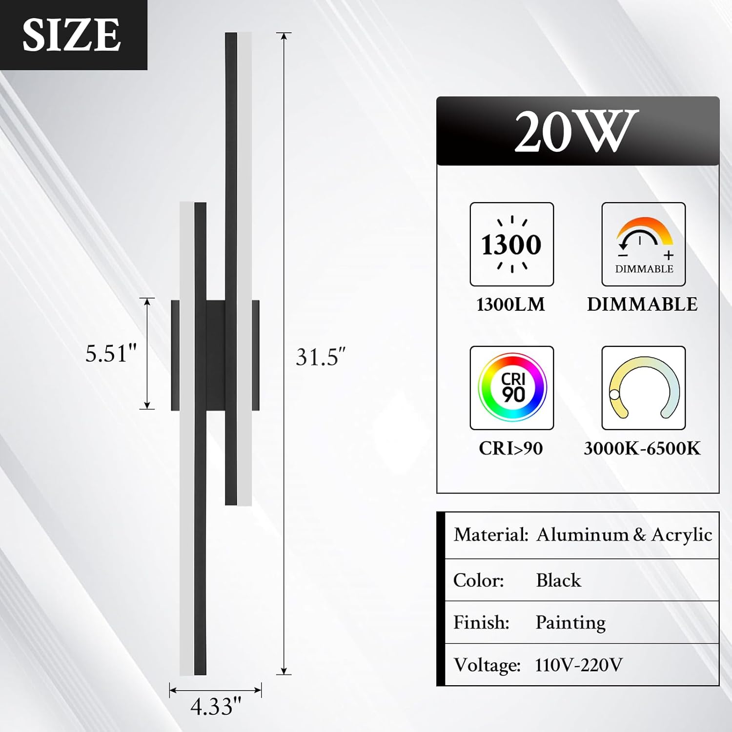 LED Wall Sconce Black Modern Remote Wall Light Fixtures for Living Room, Dimmable LED Vanity Light Indoor Remote Wall Sconce for Bedside Bedroom Bathroom Dining Room, 31.5inch 1 Pack