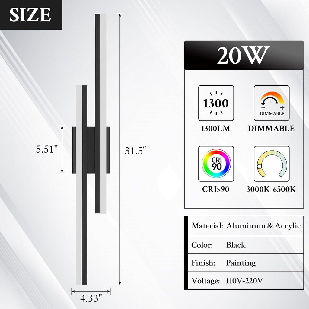 LED Wall Sconce Set of 2 Black Remote Modern LED Vanity Lights Set of 2 Indoor Wall Light Fixtures for Living Room, Dimmable Wall Sconce for Bedside Bedroom Bathroom, 31.5inch 2 Pack