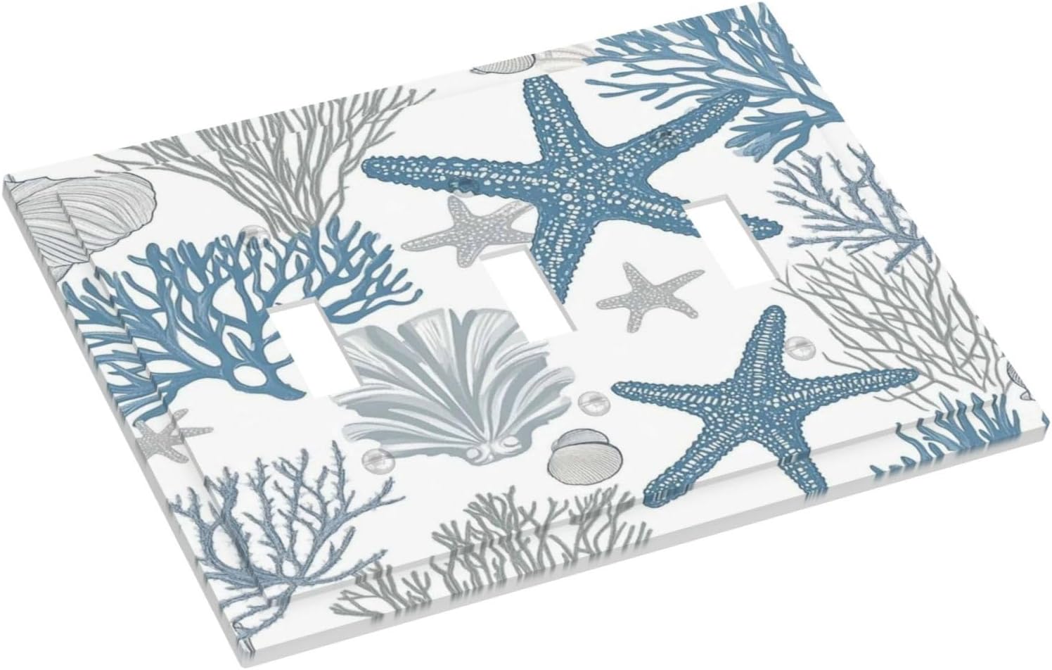 Blue Starfish Nautical Beach Conch Coastal Coral Shell Decorative Switch Plates 3 Gang Wall Plate Triple Toggle Light Switch Cover Faceplate Electrical Wall Panels For Kids Room Bathroom Decor
