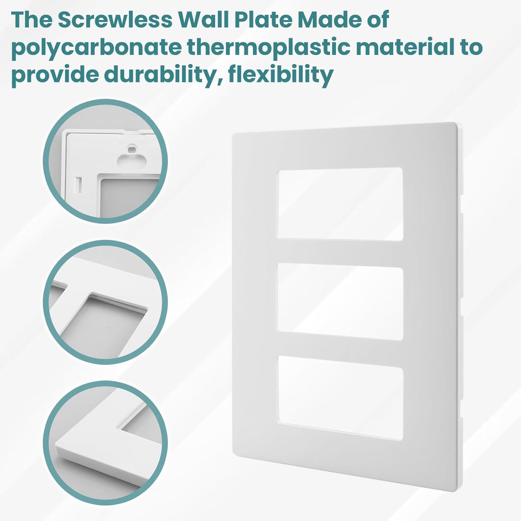 3-Gang Decora Screwless Wall Plate 80311-SW Child Safe Outlet Cover 80311-SW,Screw Smooth Face Switch Plates, Screwless Wall Plate 3Gang Receptacle Outlet Cover 2 pack