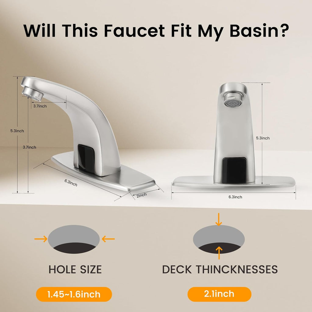 Touchless Bathroom Sink Faucet，Automatic Motion Sensor Faucets with 1 Hole Plate for Water Bath Commercial Lavatory Farmhouse, Brushed